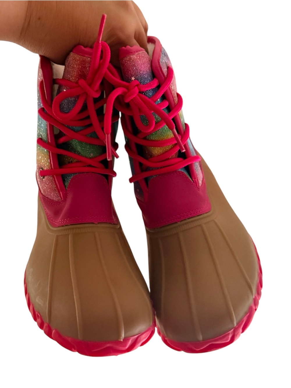 Rainbow Ombre Glitter Duck Boots Lace Up Sherpa Girl's. 
Size 5 - Picture 5 of 13